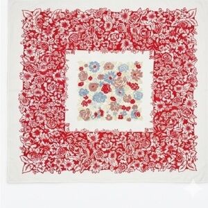 Vintage Mid Century Floral Tablecloth Red Blue 48x58 Cottagecore